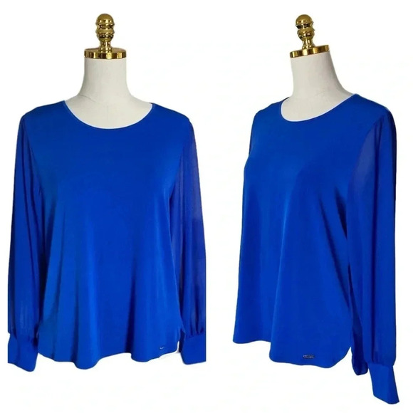 CALVIN KLEIN | Women's Long Sleeve Blue Jersey with Chiffon Sleeves Top Size M - Picture 2 of 10